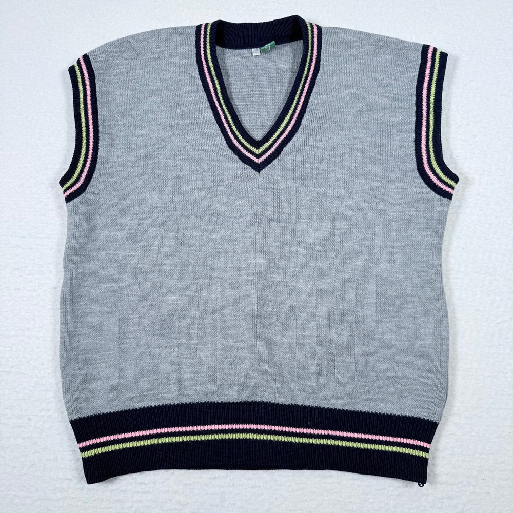 Vintage‎ Grey V Neck Sweater Vest Preppy Sleeveless Top Pink Green Navy Trim
